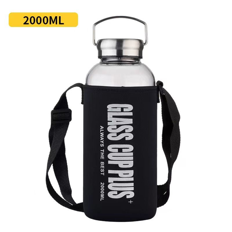Large capacity portable glass water bottle with varying capacities (2000ml, 1500ml, 1000ml, 700ml) for outdoor sports