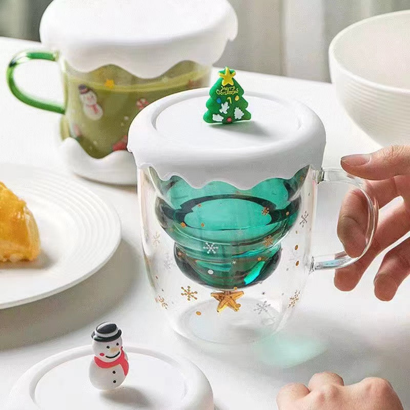 Double-Layer Insulated Glass Water Cup Cute Christmas Tree High Borosilicate Handle Tea Cup Gift Milk Cup with Lid