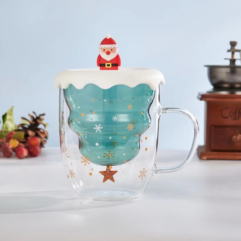 Double-Layer Insulated Glass Water Cup Cute Christmas Tree High Borosilicate Handle Tea Cup Gift Milk Cup with Lid