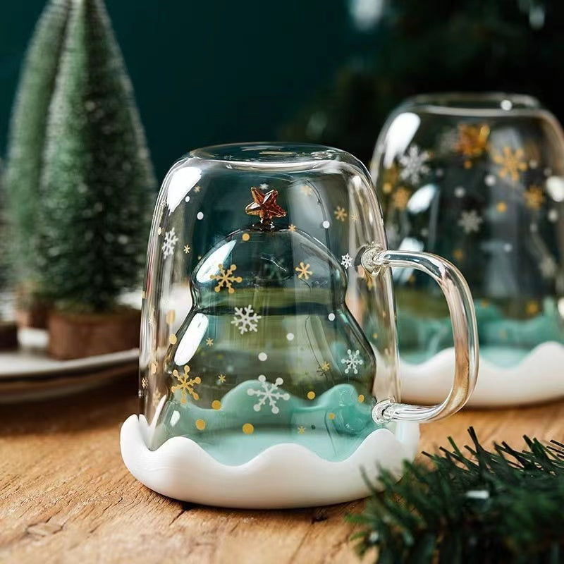 Double-Layer Insulated Glass Water Cup Cute Christmas Tree High Borosilicate Handle Tea Cup Gift Milk Cup with Lid