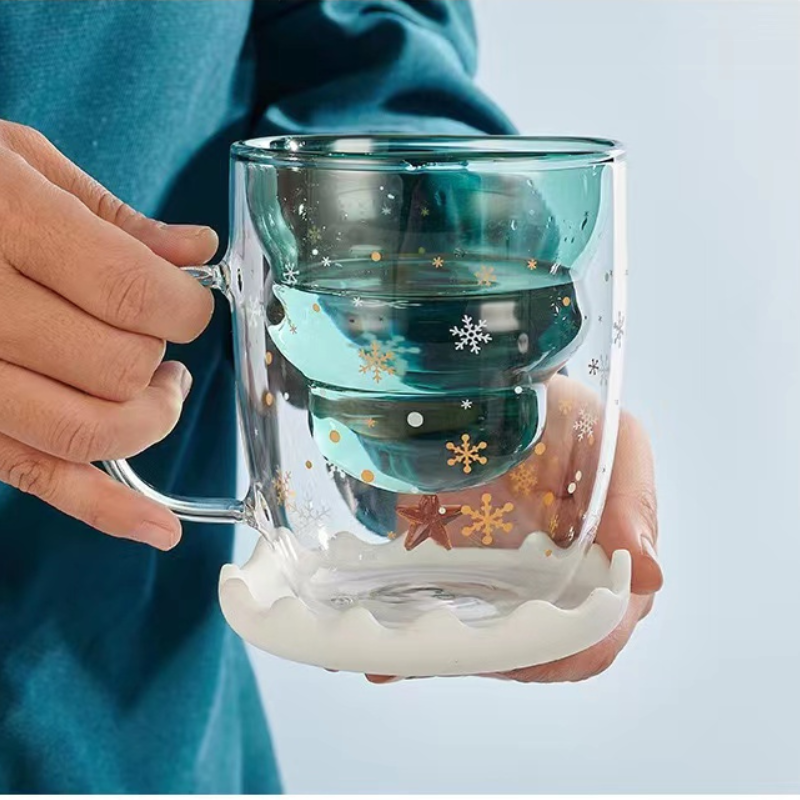 Double-Layer Insulated Glass Water Cup Cute Christmas Tree High Borosilicate Handle Tea Cup Gift Milk Cup with Lid
