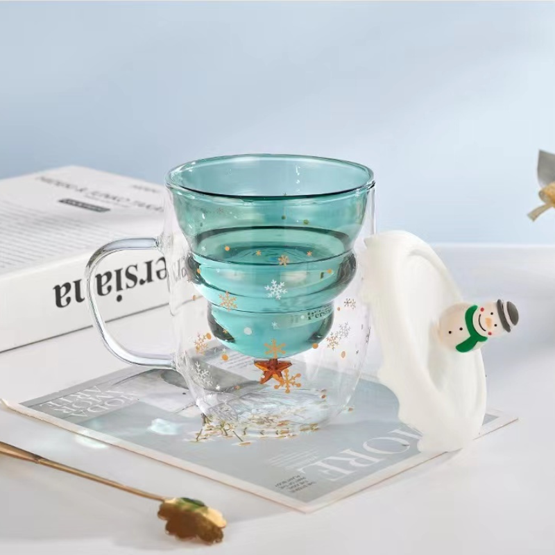 Double-Layer Insulated Glass Water Cup Cute Christmas Tree High Borosilicate Handle Tea Cup Gift Milk Cup with Lid