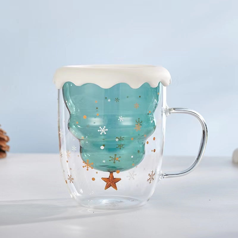 Double-Layer Insulated Glass Water Cup Cute Christmas Tree High Borosilicate Handle Tea Cup Gift Milk Cup with Lid