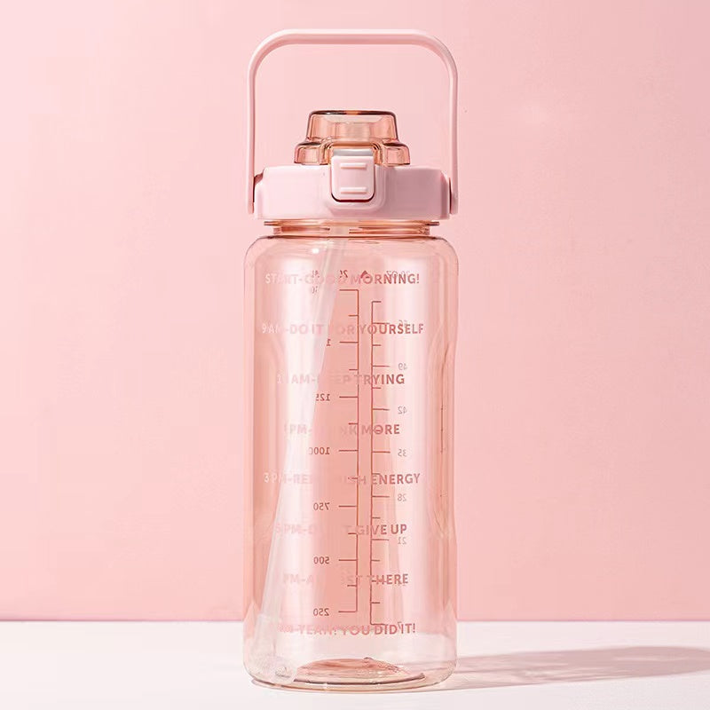 2L Transparent Sports Water Bottle with Straw, Time Scale & Portable Large Capacity