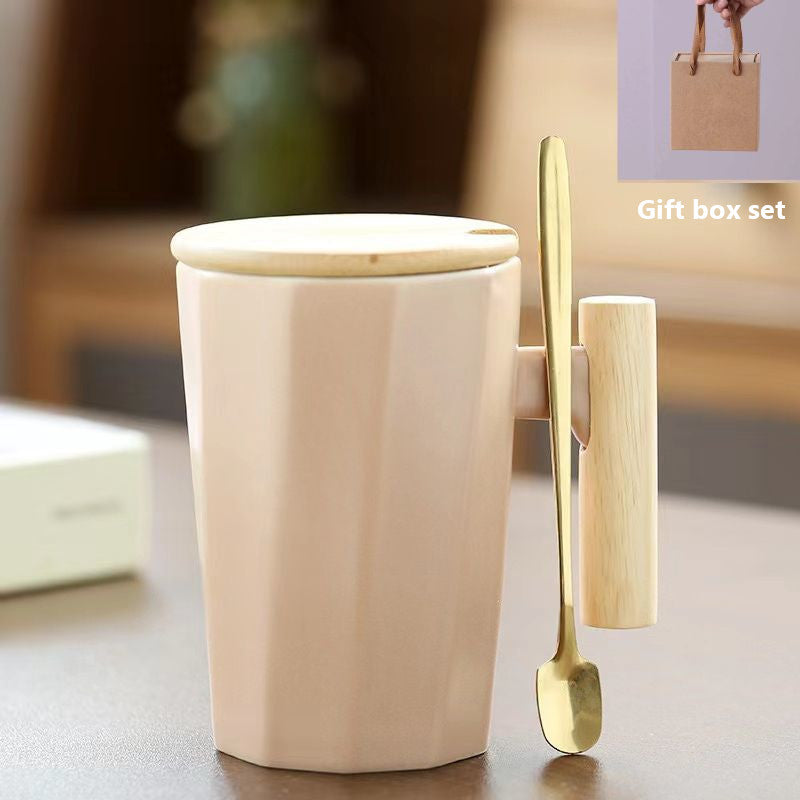 Teacher's Day Gift Simple Wood Handle Mug Set with Lid & Spoon for Office Couple - Creative Retro Style Coffee & Water Cup Gift