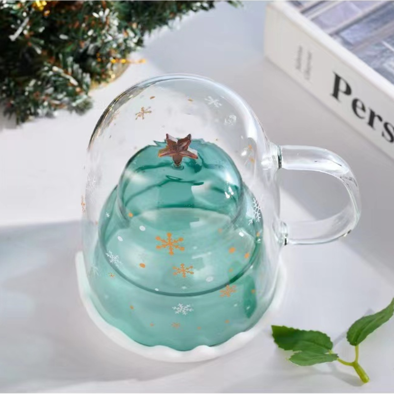 Double-Layer Insulated Glass Water Cup Cute Christmas Tree High Borosilicate Handle Tea Cup Gift Milk Cup with Lid
