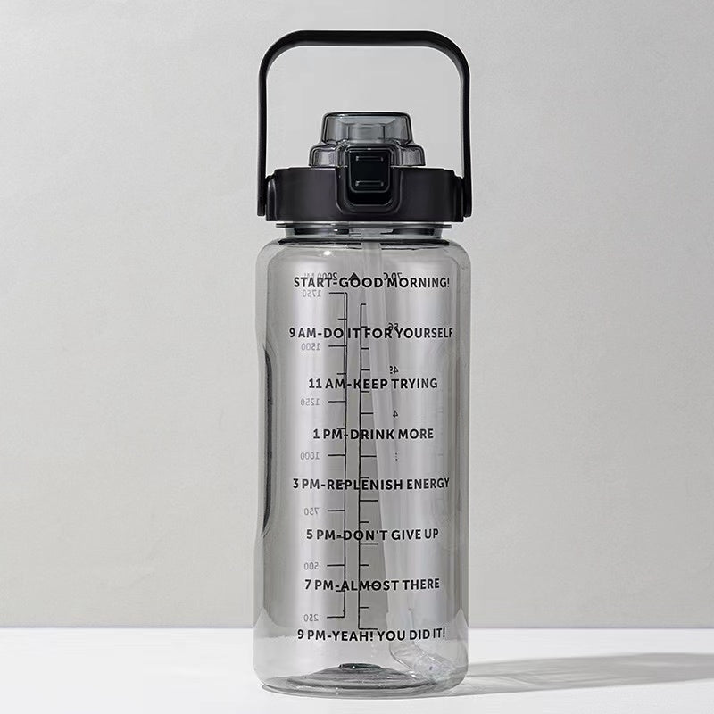 2L Transparent Sports Water Bottle with Straw, Time Scale & Portable Large Capacity