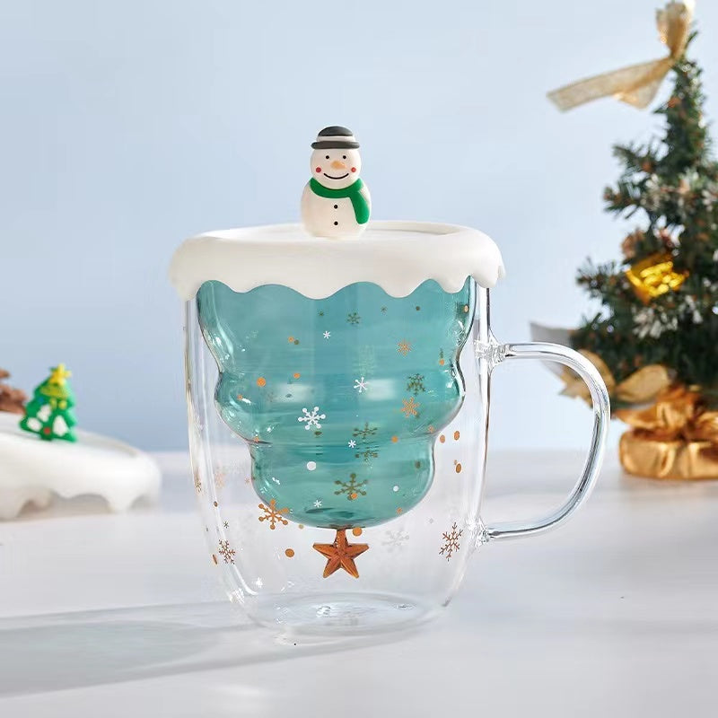 Double-Layer Insulated Glass Water Cup Cute Christmas Tree High Borosilicate Handle Tea Cup Gift Milk Cup with Lid