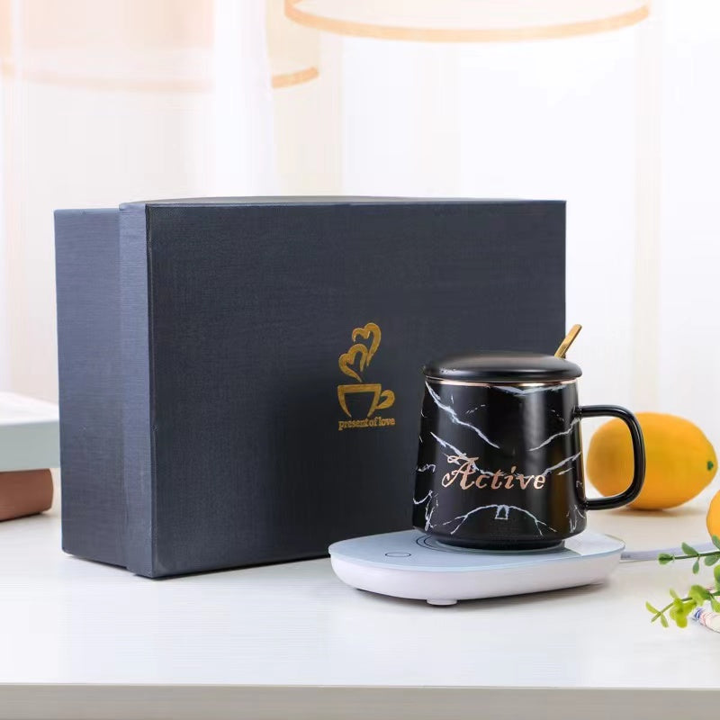 Teacher's Day Gift Ceramic Beverage Mug With Lid & USB Heating Pad Stone Patterned Theme