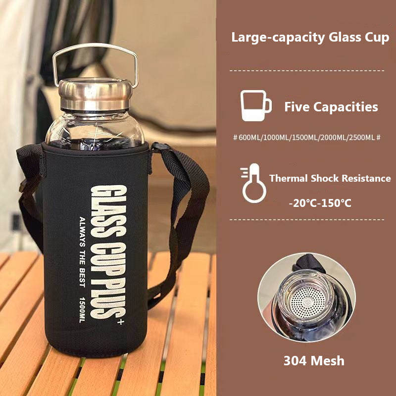 Large capacity portable glass water bottle with varying capacities (2000ml, 1500ml, 1000ml, 700ml) for outdoor sports