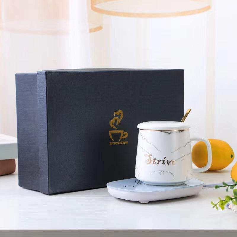 Teacher's Day Gift Ceramic Beverage Mug With Lid & USB Heating Pad Stone Patterned Theme