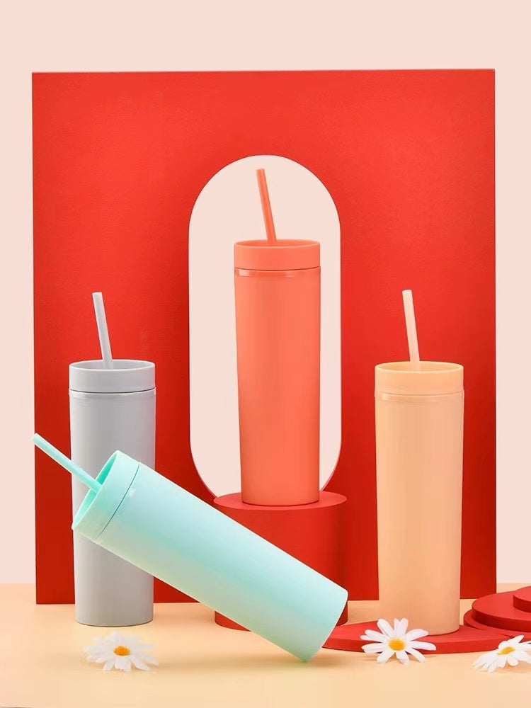 450ml Skinny Double-Layer Minimalist Rubber-Coated Water Cup With Straw