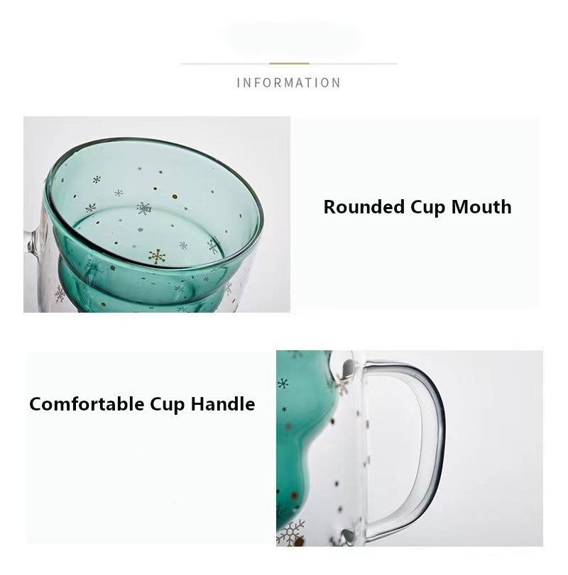 Double-Layer Insulated Glass Water Cup Cute Christmas Tree High Borosilicate Handle Tea Cup Gift Milk Cup with Lid
