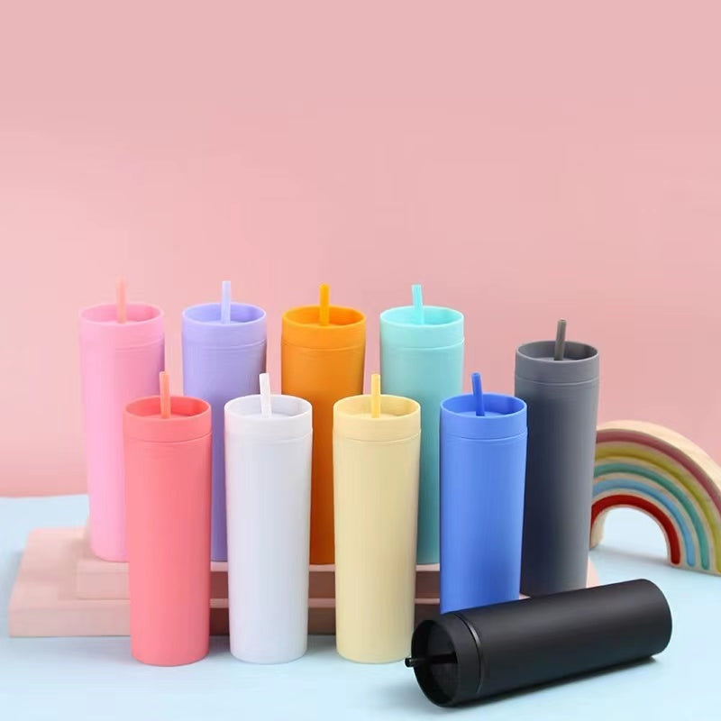 450ml Skinny Double-Layer Minimalist Rubber-Coated Water Cup With Straw
