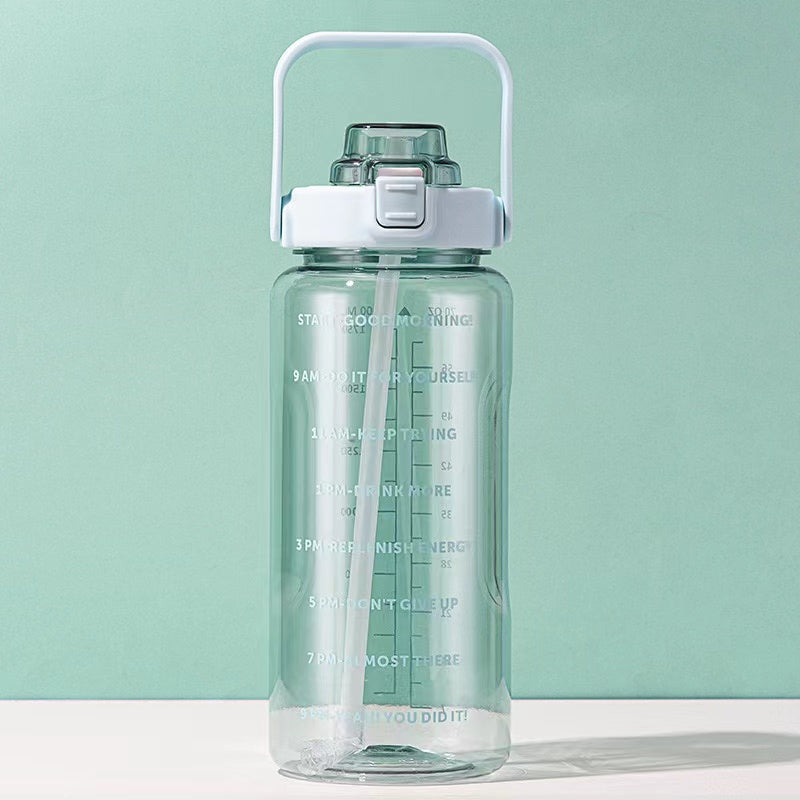 2L Transparent Sports Water Bottle with Straw, Time Scale & Portable Large Capacity
