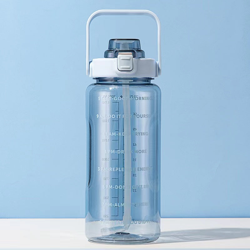 2L Transparent Sports Water Bottle with Straw, Time Scale & Portable Large Capacity