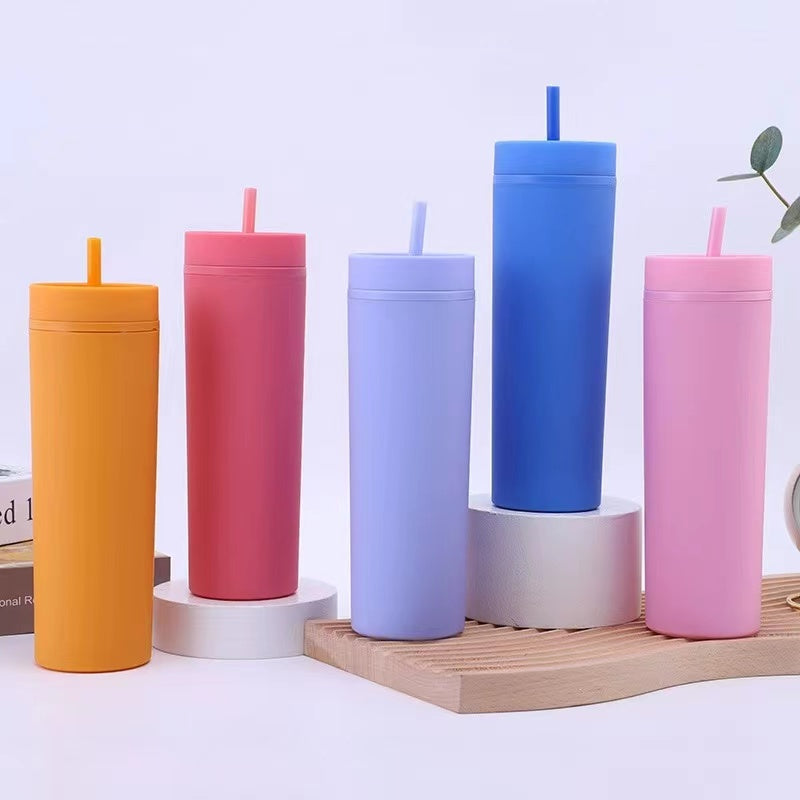 450ml Skinny Double-Layer Minimalist Rubber-Coated Water Cup With Straw