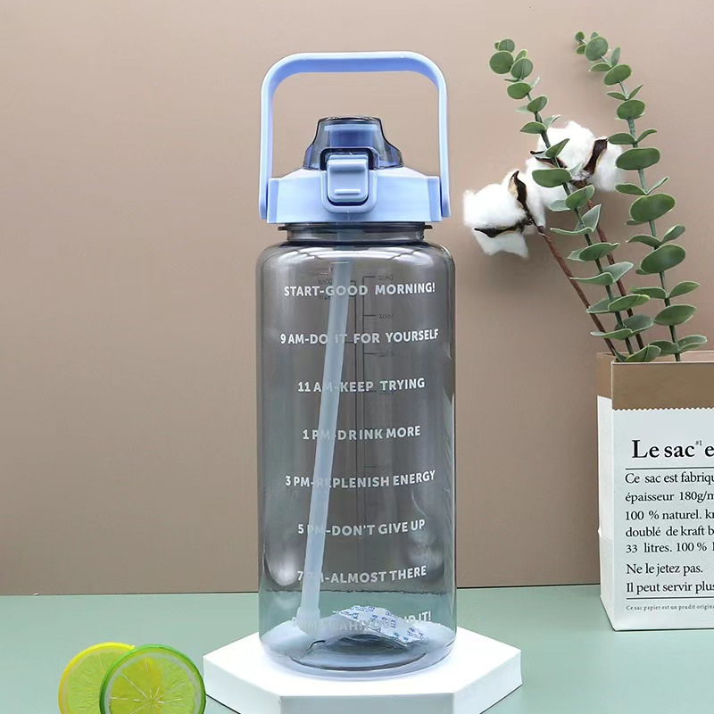 2L Transparent Sports Water Bottle with Straw, Time Scale & Portable Large Capacity