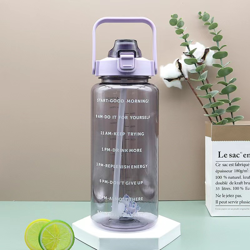 2L Transparent Sports Water Bottle with Straw, Time Scale & Portable Large Capacity