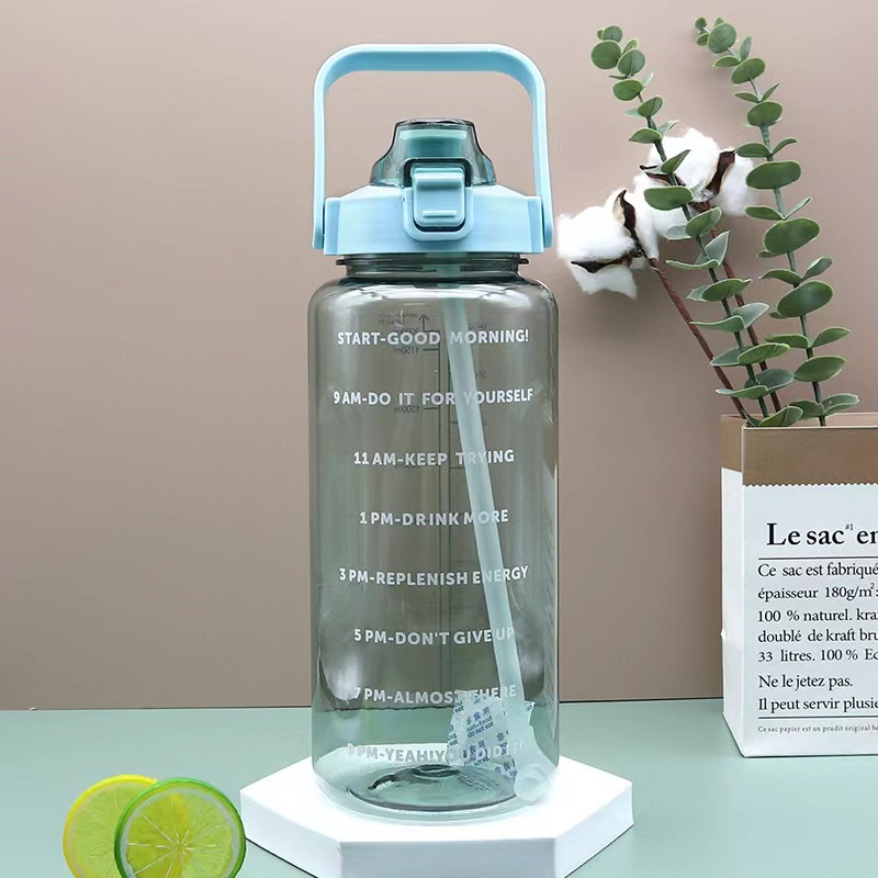 2L Transparent Sports Water Bottle with Straw, Time Scale & Portable Large Capacity