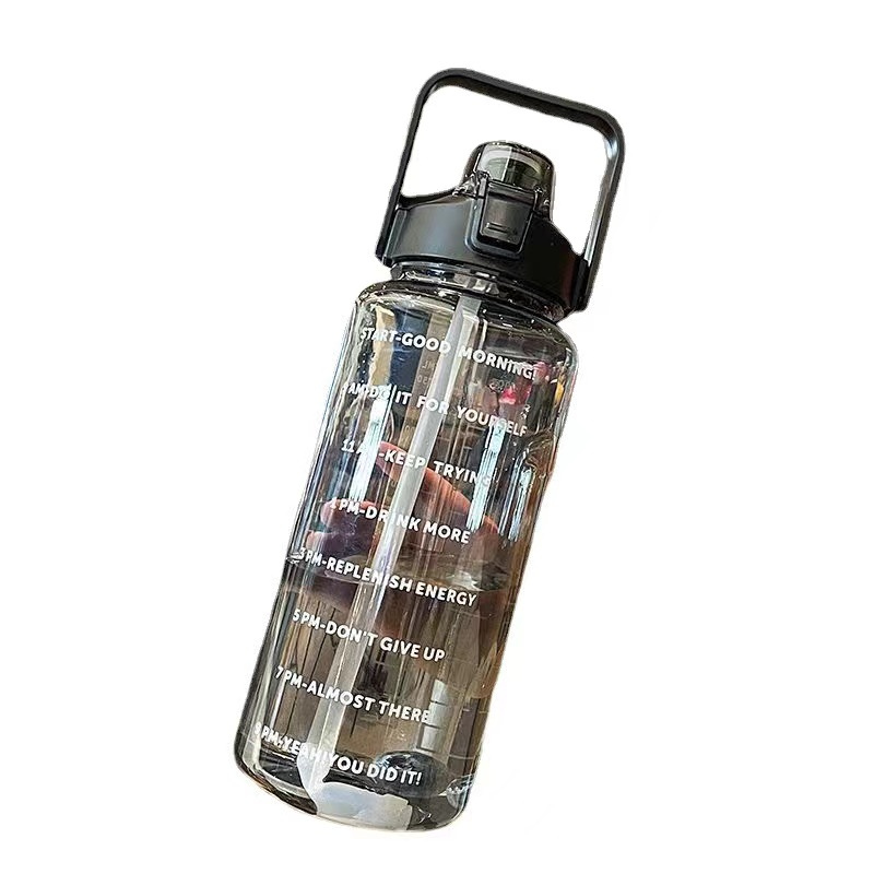 2L Transparent Sports Water Bottle with Straw, Time Scale & Portable Large Capacity