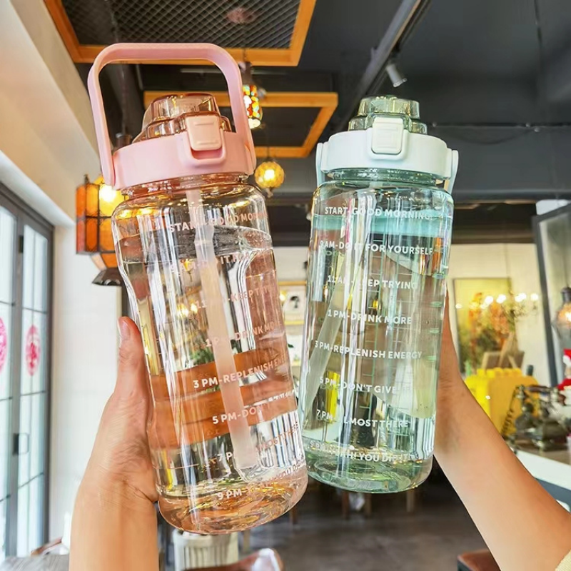 2L Transparent Sports Water Bottle with Straw, Time Scale & Portable Large Capacity