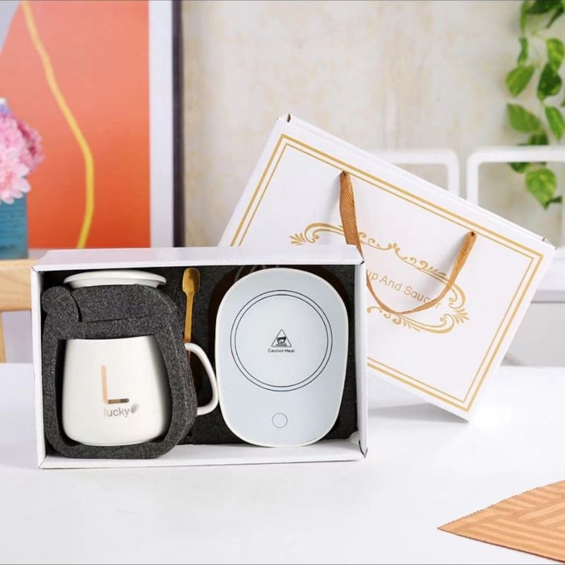 Teacher's Day Gift Ceramic Beverage Mug With Lid & USB Heating Pad Lucky Theme