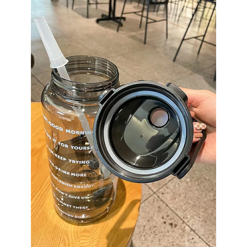 2L Transparent Sports Water Bottle with Straw, Time Scale & Portable Large Capacity
