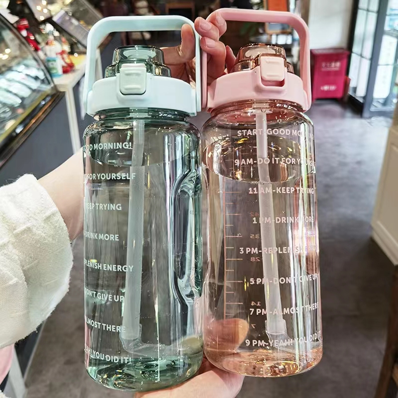 2L Transparent Sports Water Bottle with Straw, Time Scale & Portable Large Capacity