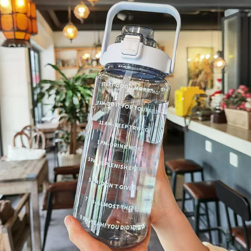 2L Transparent Sports Water Bottle with Straw, Time Scale & Portable Large Capacity