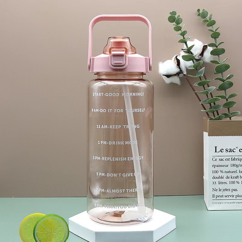 2L Transparent Sports Water Bottle with Straw, Time Scale & Portable Large Capacity