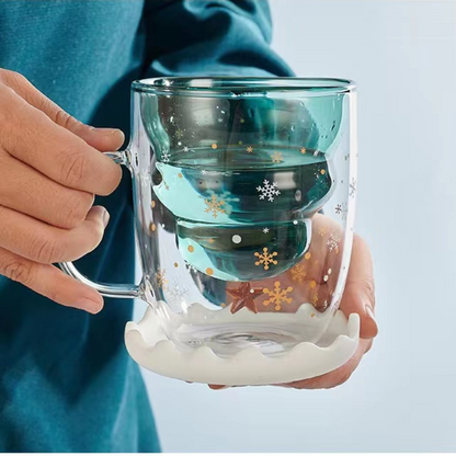 Double-Layer Insulated Glass Water Cup Cute Christmas Tree High Borosilicate Handle Tea Cup Gift Milk Cup with Lid