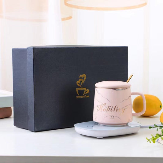 Teacher's Day Gift Ceramic Beverage Mug With Lid & USB Heating Pad Stone Patterned Theme