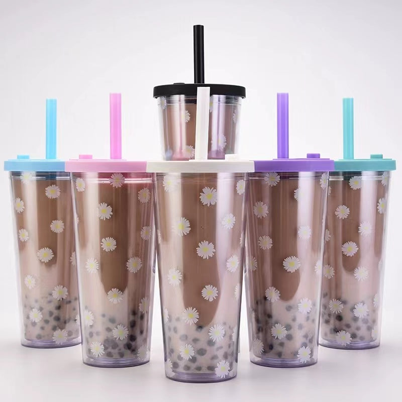 700ml Transparent Double Layer Large Capacity Bubble Tea Cup With Large Hole Straw