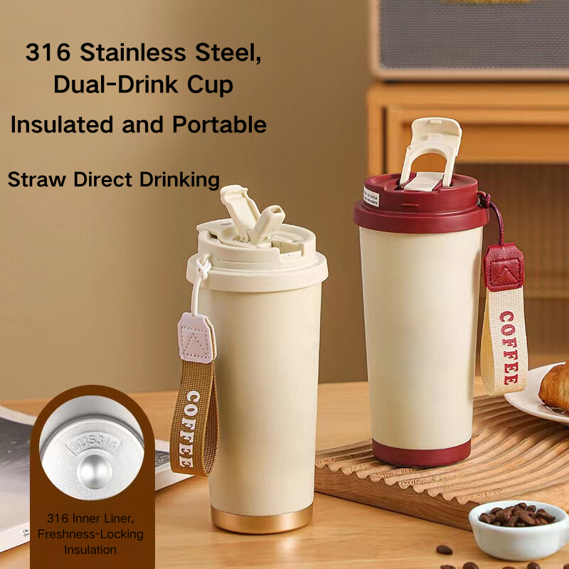 Teacher's Day Gift 316 Stainless Steel Coffee Cup with High-Value Insulation, Portable Ceramic Double-Drink Straw Car Cup