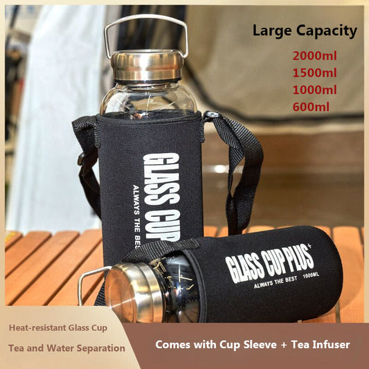 Large capacity portable glass water bottle with varying capacities (2000ml, 1500ml, 1000ml, 700ml) for outdoor sports