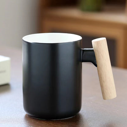 Teacher's Day Gift Simple Wood Handle Mug Set with Lid & Spoon for Office Couple - Creative Retro Style Coffee & Water Cup Gift