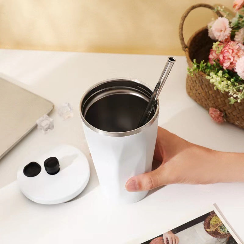 304 Stainless Steel Coffee Mug 600ml Diamond-Shaped Large Capacity Insulated Tumbler with Straw for On-the-Go Hydration