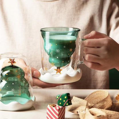 Double-Layer Insulated Glass Water Cup Cute Christmas Tree High Borosilicate Handle Tea Cup Gift Milk Cup with Lid