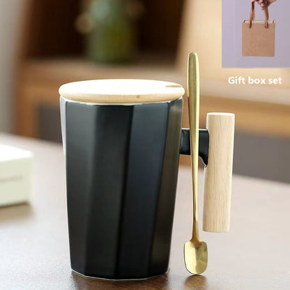 Teacher's Day Gift Simple Wood Handle Mug Set with Lid & Spoon for Office Couple - Creative Retro Style Coffee & Water Cup Gift