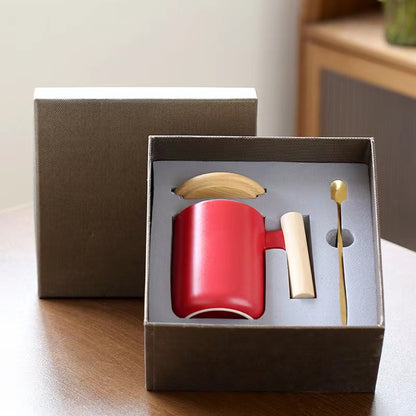 Teacher's Day Gift Simple Wood Handle Mug Set with Lid & Spoon for Office Couple - Creative Retro Style Coffee & Water Cup Gift