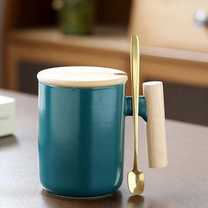 Teacher's Day Gift Simple Wood Handle Mug Set with Lid & Spoon for Office Couple - Creative Retro Style Coffee & Water Cup Gift