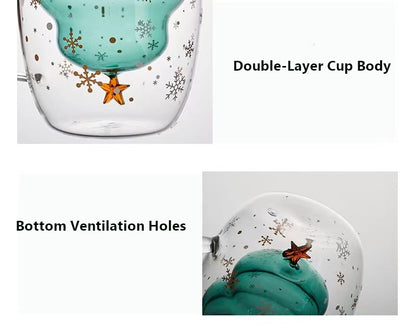 Double-Layer Insulated Glass Water Cup Cute Christmas Tree High Borosilicate Handle Tea Cup Gift Milk Cup with Lid