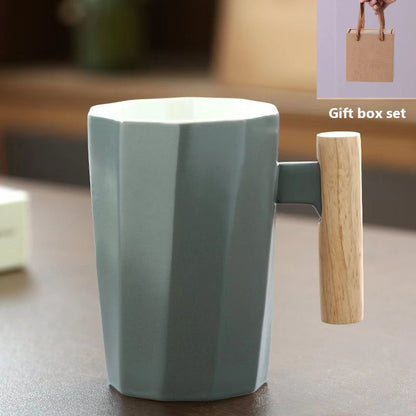 Teacher's Day Gift Simple Wood Handle Mug Set with Lid & Spoon for Office Couple - Creative Retro Style Coffee & Water Cup Gift