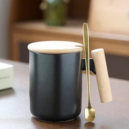 Teacher's Day Gift Simple Wood Handle Mug Set with Lid & Spoon for Office Couple - Creative Retro Style Coffee & Water Cup Gift