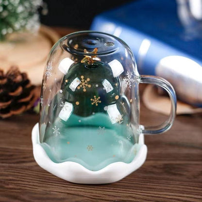 Double-Layer Insulated Glass Water Cup Cute Christmas Tree High Borosilicate Handle Tea Cup Gift Milk Cup with Lid