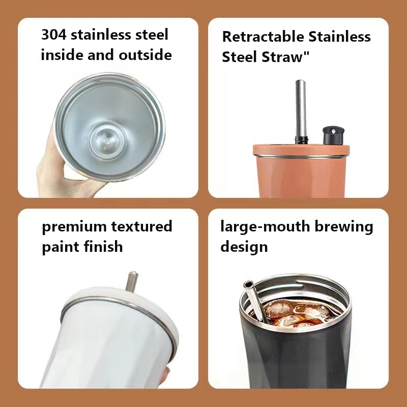 304 Stainless Steel Coffee Mug 600ml Diamond-Shaped Large Capacity Insulated Tumbler with Straw for On-the-Go Hydration