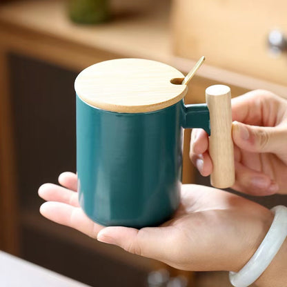 Teacher's Day Gift Simple Wood Handle Mug Set with Lid & Spoon for Office Couple - Creative Retro Style Coffee & Water Cup Gift