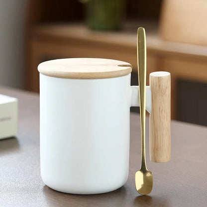 Teacher's Day Gift Simple Wood Handle Mug Set with Lid & Spoon for Office Couple - Creative Retro Style Coffee & Water Cup Gift