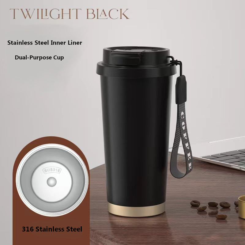 Teacher's Day Gift 316 Stainless Steel Coffee Cup with High-Value Insulation, Portable Ceramic Double-Drink Straw Car Cup